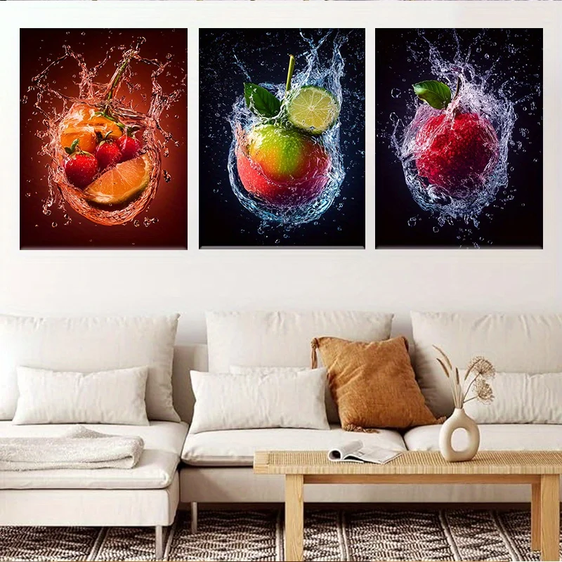 2D Flat, 2D Flat, Wall Decor 2D Flat 3pcs Water Splash Fruit Canvas Art Set - Vibrant Citrus, Apple & Strawberry Wall Decor w