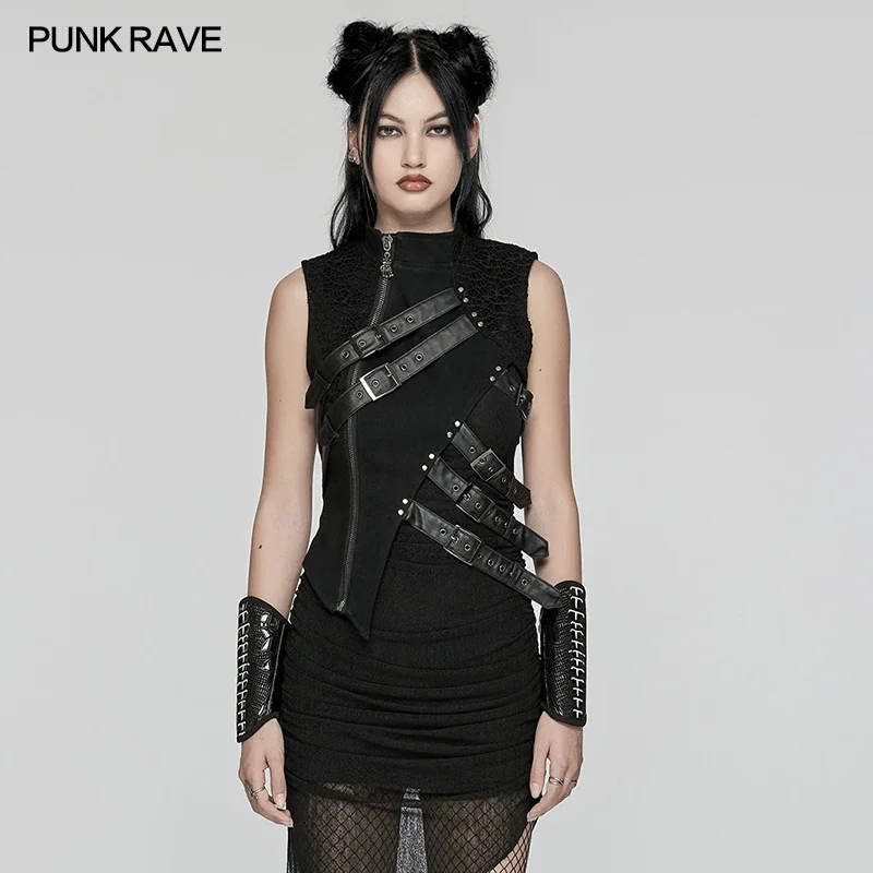 PUNK RAVE Women's Punk Asymmetric Perforated Hollow Sleeveless Tees Denim & Mesh Slim T-shirt Rebellious Personality Black Tops