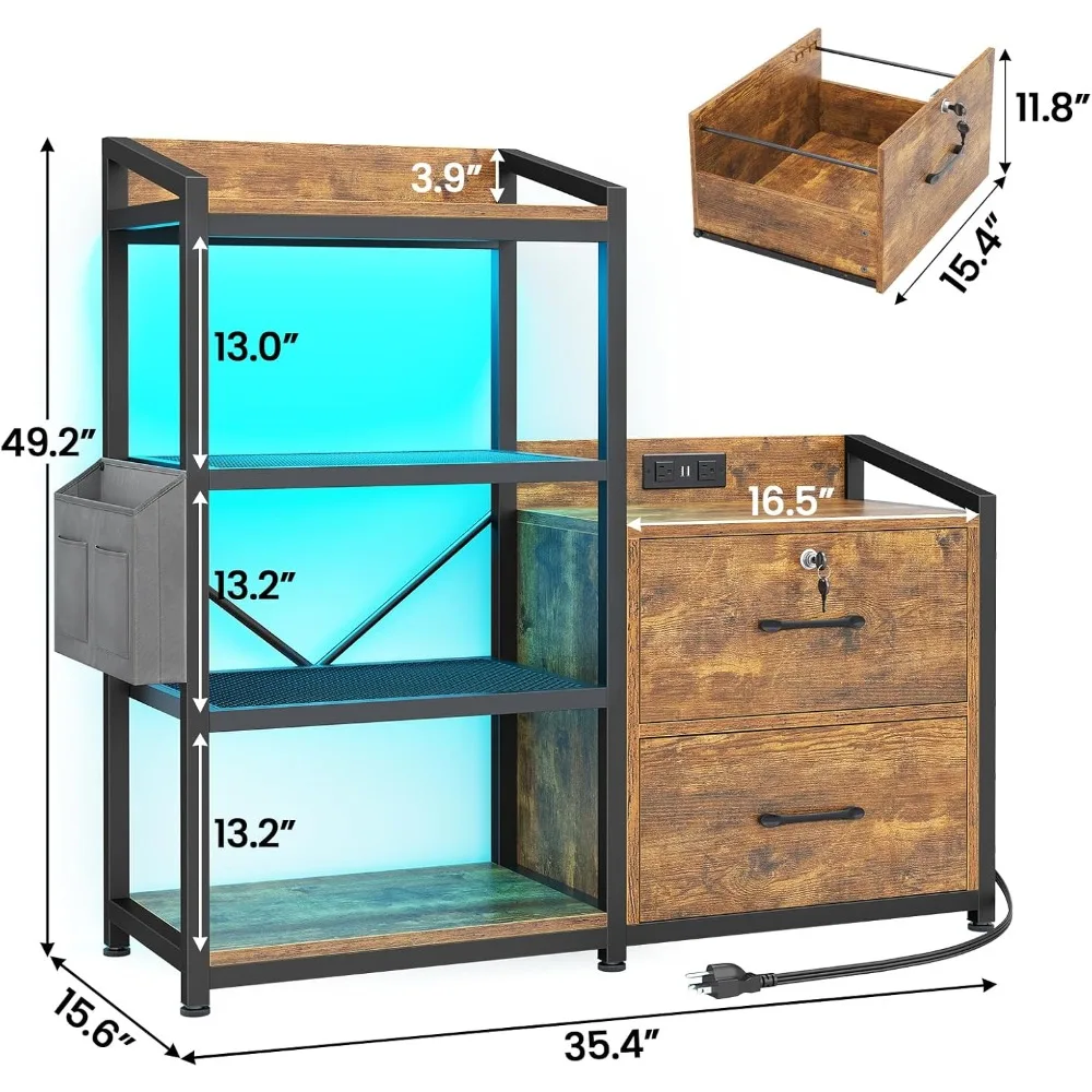 35.4” File Cabinet, Filing Cabinet fits Letter/A4 Size, 2 Drawe File Cabinets for Home Office with Power Strip, LED Lights
