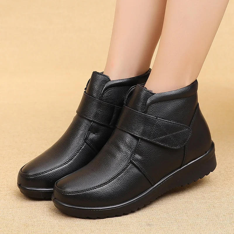 Winter Women Genuine Leather Flat Casual Ankle Boots Female Thick Plush Warm Snow Boots Mother Waterproof Non-slip Booties