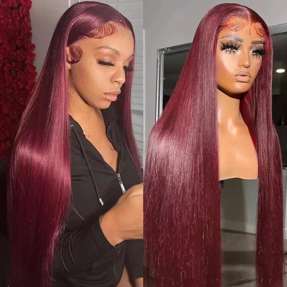 99j Burgundy 13x6 Hd Human Hair Lace Front Wig Brazilian Bone Straight Red Colored 200 Density Lace Front Human Hair Wig 52 Inch