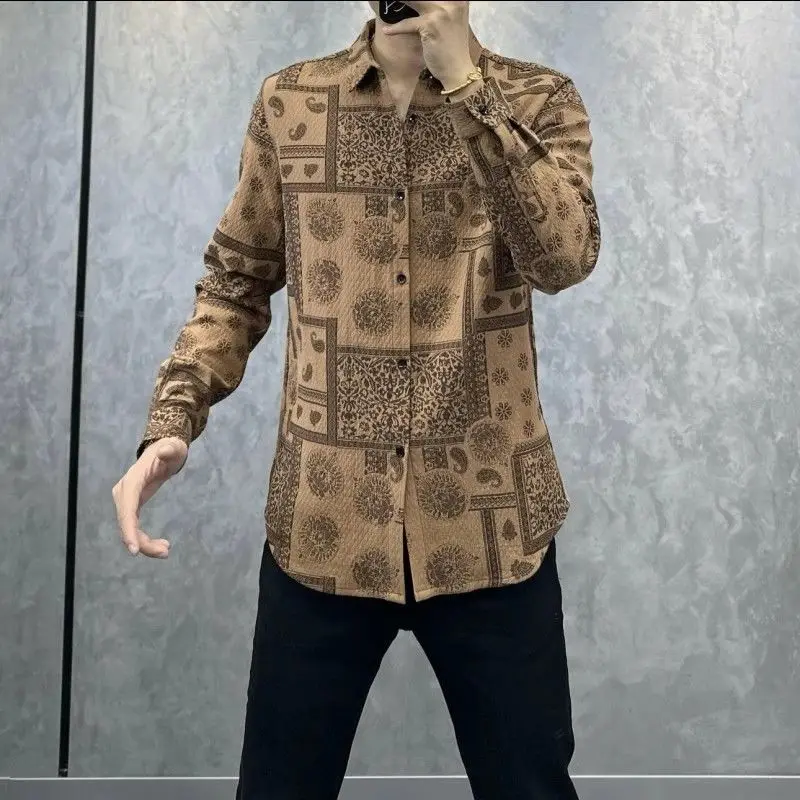 New Men Printed Lapel Long Sleeved Shirt for Autumn Winter Trendy and Versatile with Button Down Casual Shirt in Various Colors