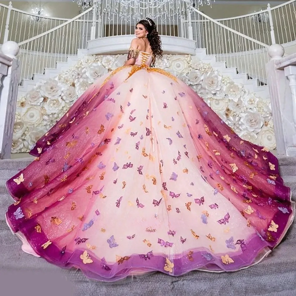 Colorful Charro Quinceanera Dresses Ball Gown Off The Shoulder Tulle Butterfly Mexican Sweet 16 Dresses 15 Anos Customized