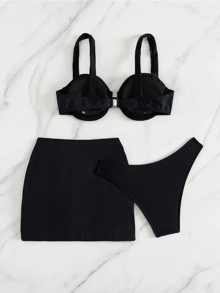 2025年女性用セクシープッシュアップアンダーワイヤーブラックホローアウトスターフィッシュスカート3ピースビキニセットサマーホリデー水着バケーション衣装