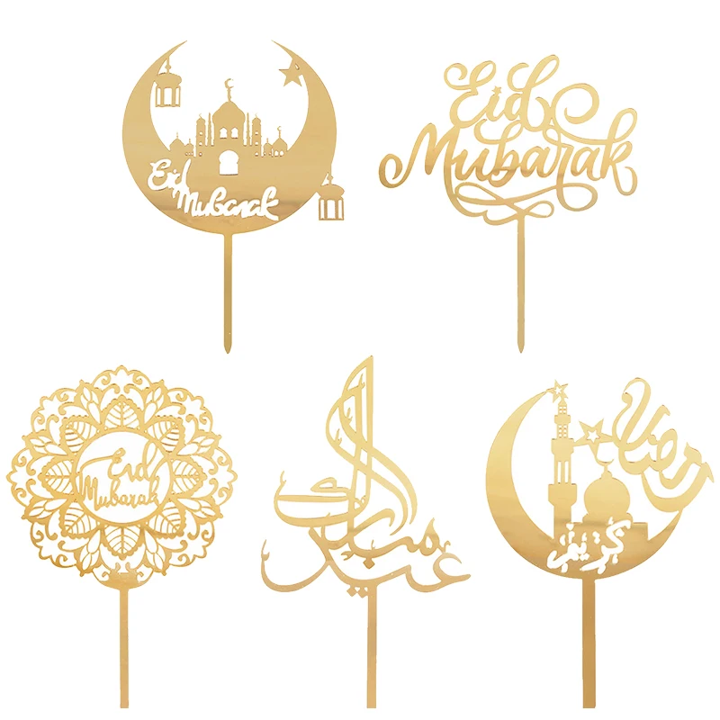 

Golden Acrylic Eid Mubarak Cake Toppers Castle Moon CupCake Topper for Ramadan Mubarak Islamic Festival Party Cake Decorations