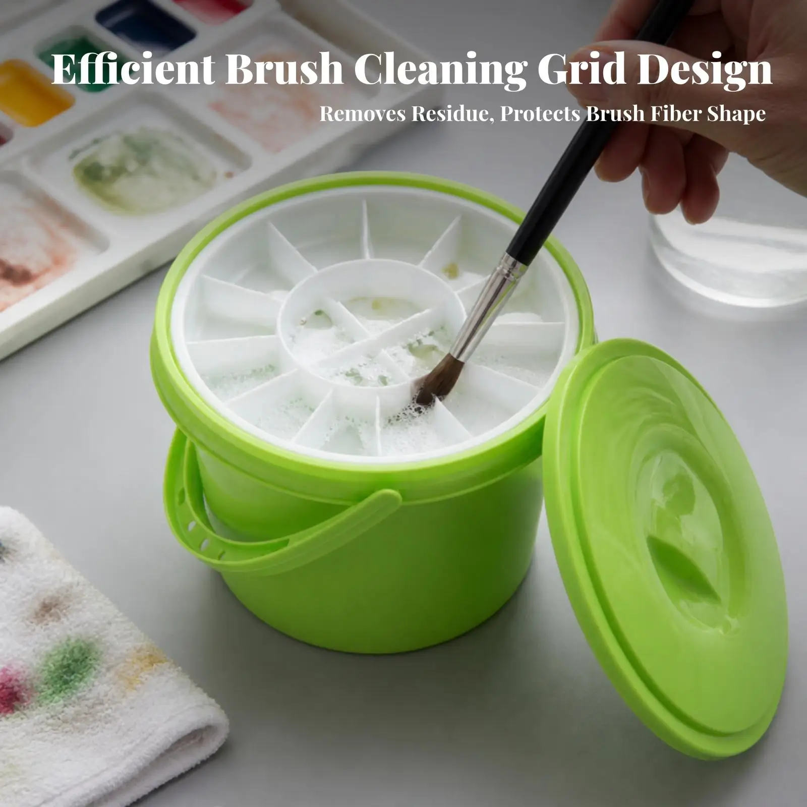 Lightweight Foldable Watercolor Brush Washer Bucket with Carrying Handle and Lid for Clean Color Mixing on the Go