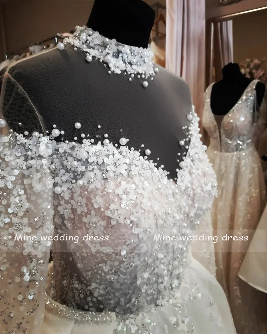 Customized High Neck Lace Appliques  With peals For Top Long Sleeve Glitter Skirt Wedding Dresses Back See Through Bridal Gowns