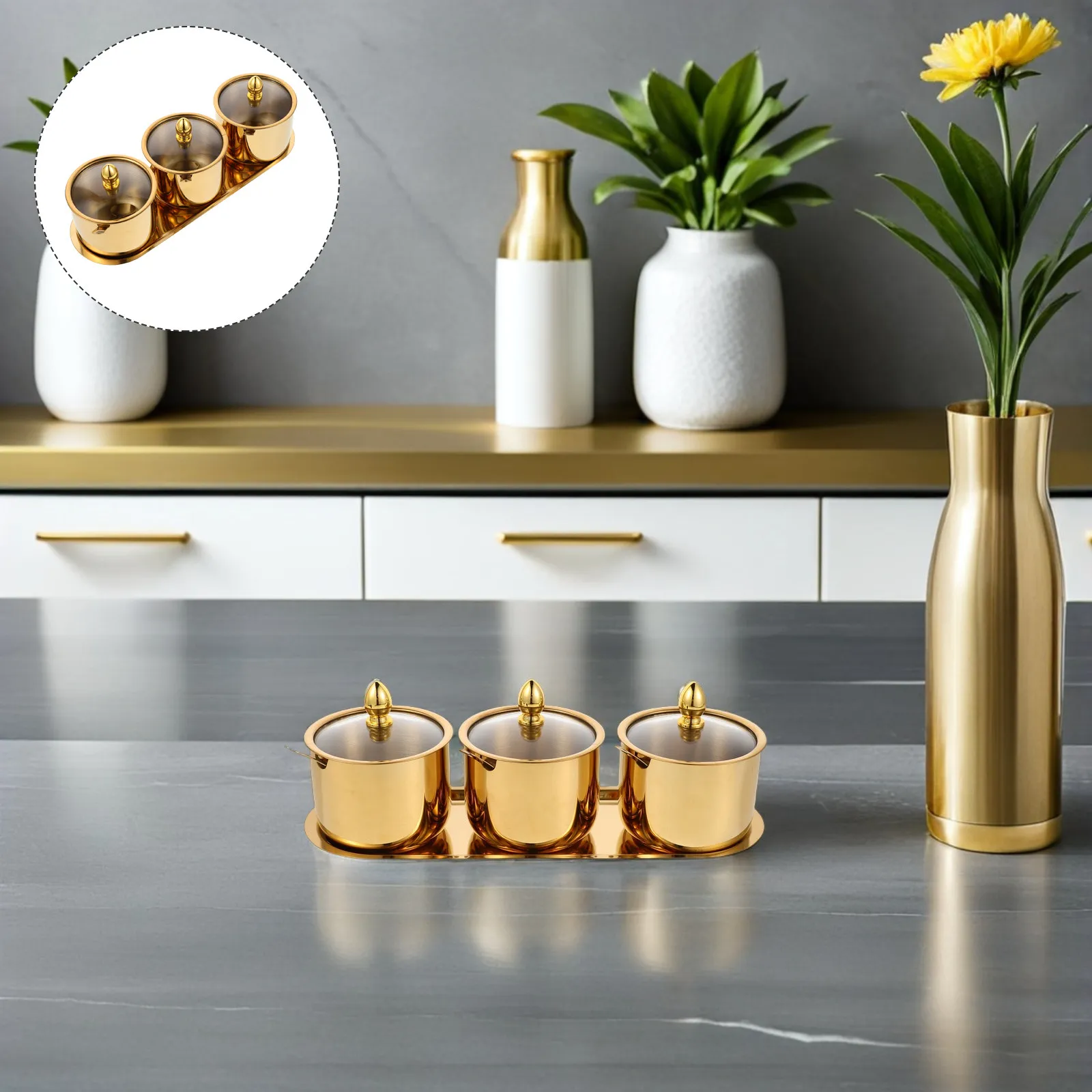 

1 set : 3 Grids Stainless Steel Spice Jars With Glass Lid Tray For Sugar Salt Storage Metal Condiment Pot, Seasoning Box, Powder