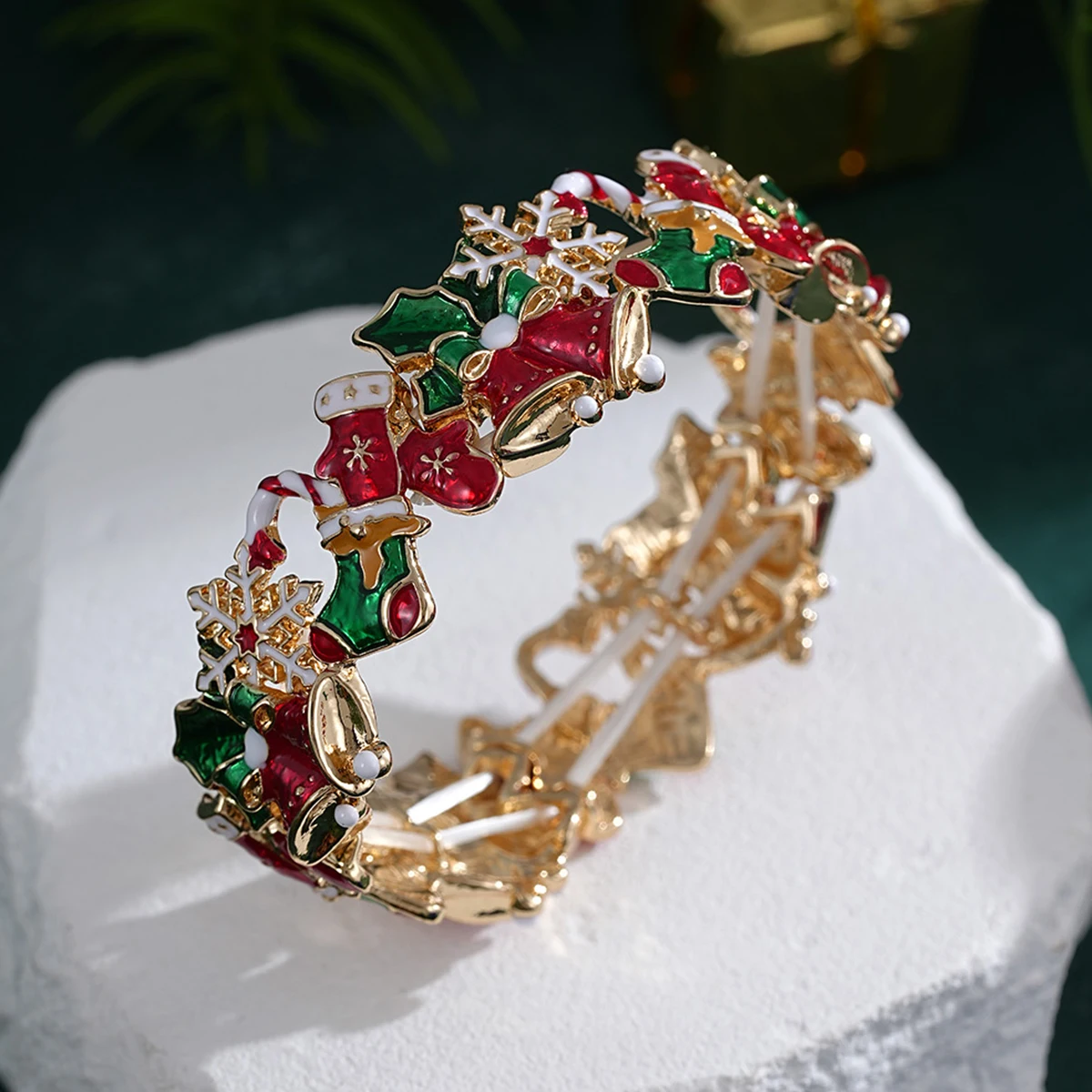 Fashion Christmas Bracelet For Women Accessories Adjustable Stretch Golden Enamel Charm Bangle Holiday Party Jewelry Gift