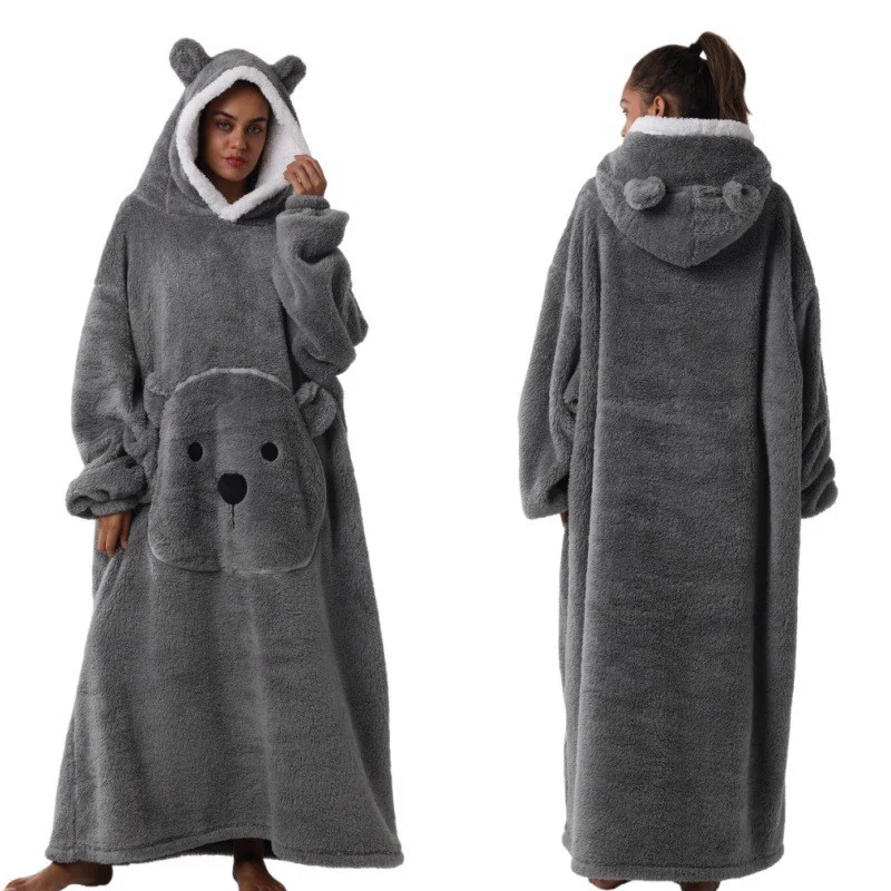 Long Bear Hooded Blanket Robe Fluffy Plush Wearable Throw Blanket with Big Pocket Winter Warm Loungewear Sleepwear for Women Men
