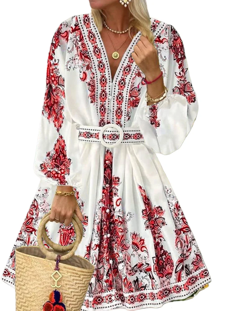 

Fashion Floral Print Loose Dress Lady Casual V Neck Long Sleeve Sashes Dresses For Women Holiday Boho Womens Clothing Summer New