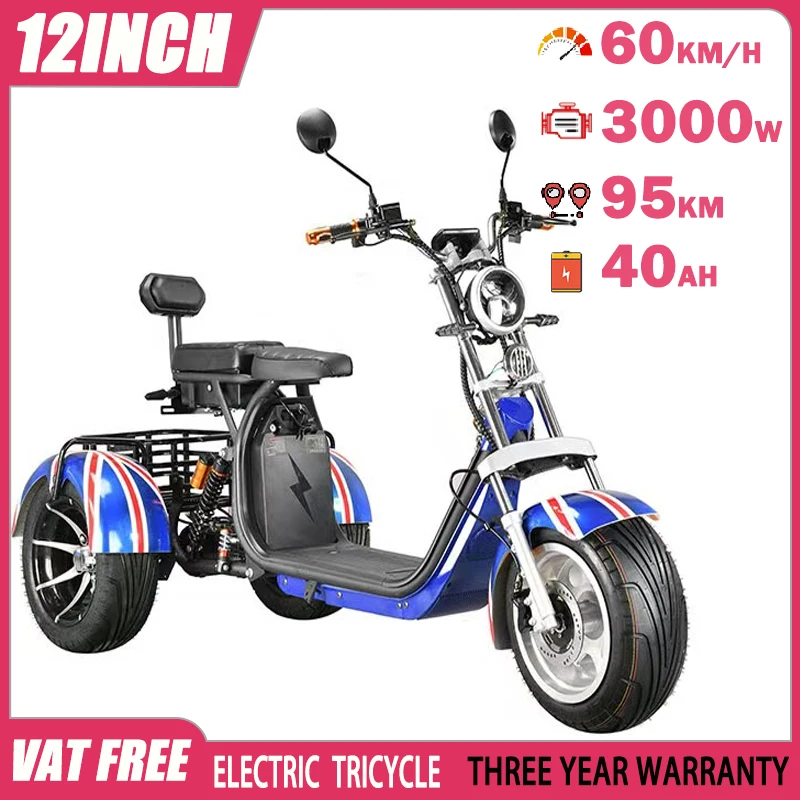 Electric Tricycle 12Inch FatTire Adult 3000W60V40AH Removable Lithium Battery Full Suspension Mountain Off-road Electric Scooter