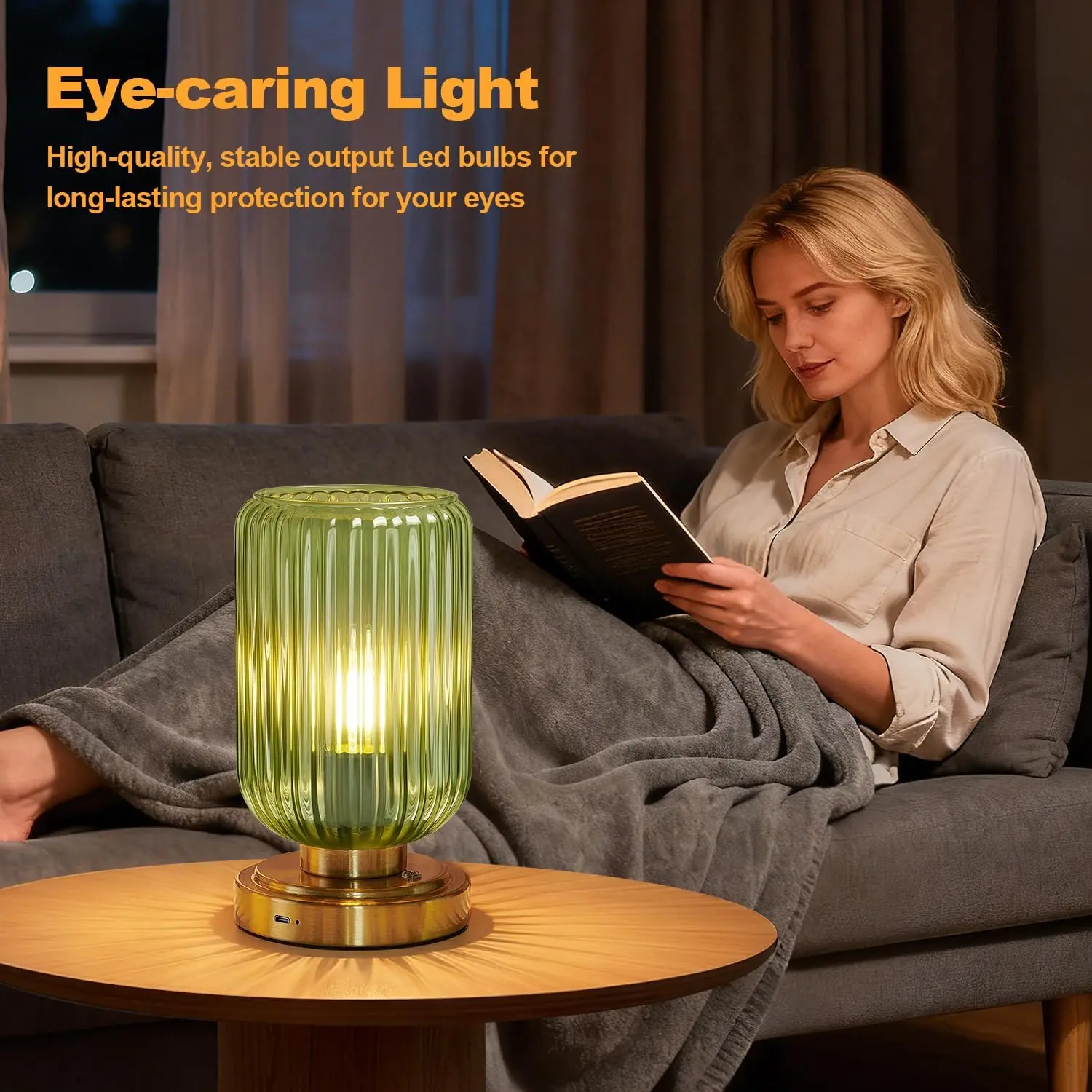 Rechargeable Cordless Table Lamp, 7500mAh Battery, Touch Dimmable, Gold Base Green Glass Shade for Bedroom Desk