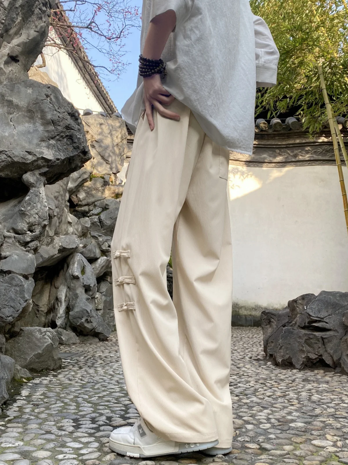 New Chinese style disc button pants men's summer new high-grade sag loose straight wide leg casual pants