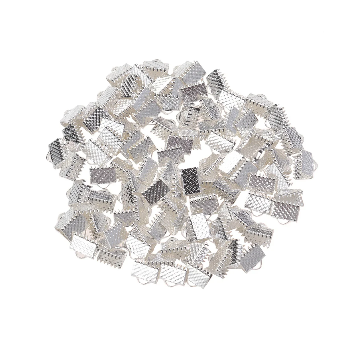 100 PCS Ribbon Fasteners Silver Plated Ends Cord Textured Crimp Clamps Clasps Jewelry Buckle Mazi Buckles Zipper Clips