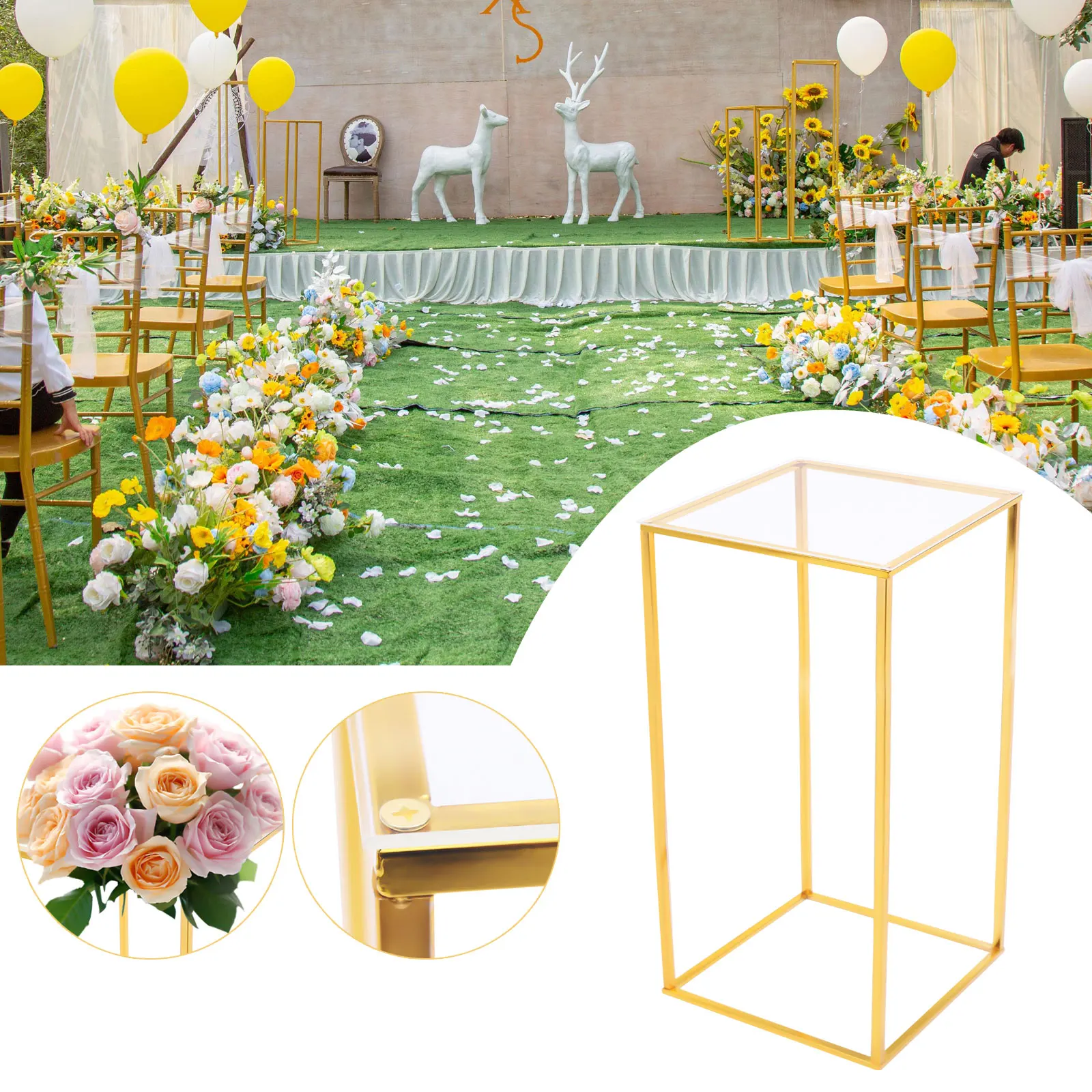 25*25*60cm Gold Flower Floor Stand Metal Column Flower Stand Flower Arrangement For Wedding Party Dinner Centerpiece