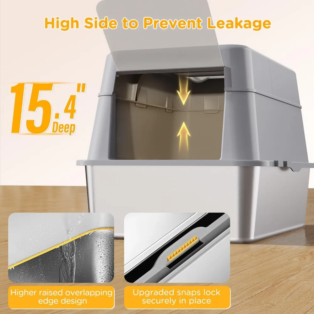 صندوق نفايات من الفولاذ المقاوم للصدأ مع غطاء، صندوق نفايات معدني مغلق XL بتصميم مع غطاء قلاب يناسب جميع القطط، مغطى كبير جدًا