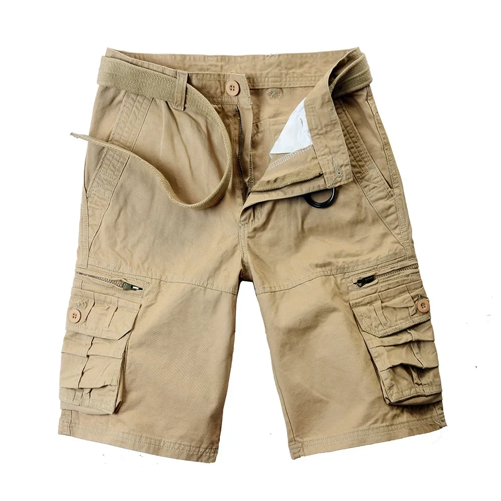 LIBIELIY 2025 Summer Men's Cotton Cargo Shorts Multi-Pocket Casual Short Pants Male Hiking Loose Solid Jogging Shorts No Belt Pl