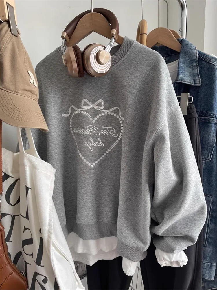 Japan fashion Sweet Love Bow round Neck Pullover Hoodie Men's and Women's Spring and Autumn Fashion Brand Retro Loose Chic Top