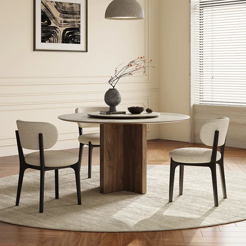 

-French Vintage Rock Table Modern Scandinavian Design Solid Black Walnut Dining Table and Chair Combination Family Restaurant