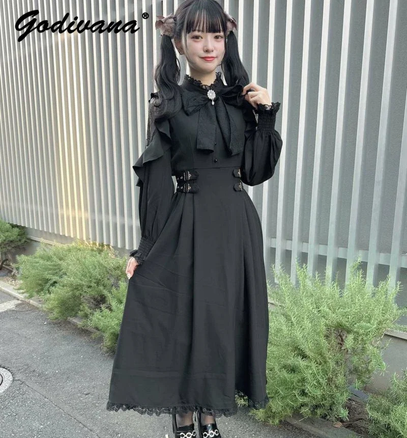 

Spring Autumn New Japanese Rojita Lace Off-Shoulder Big Bow Slim Long Dress High Waist Long Sleeve Stand Collar Princess Dress