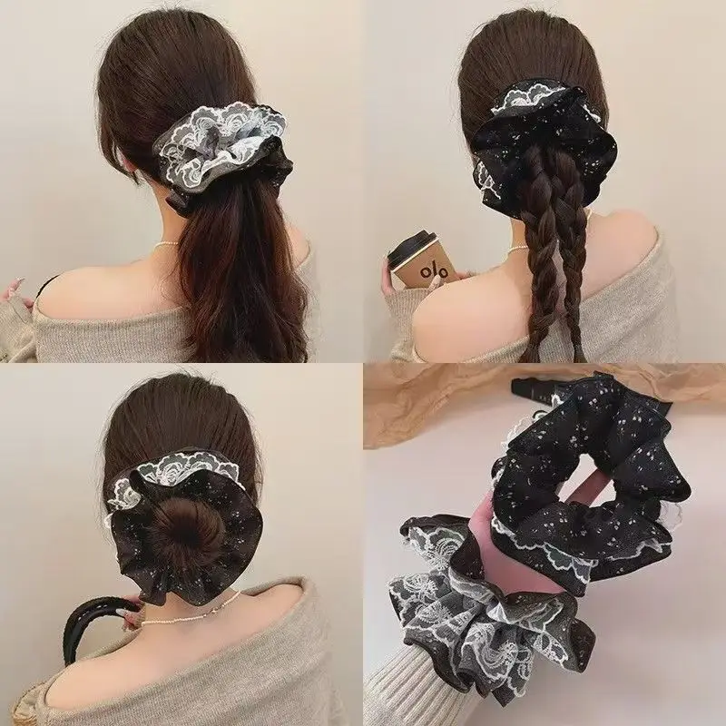 

French Elegant Hair Tied With Hair Accessories For Women New high-end Small Floral Lace Temperament Large Intestine Hair Ring