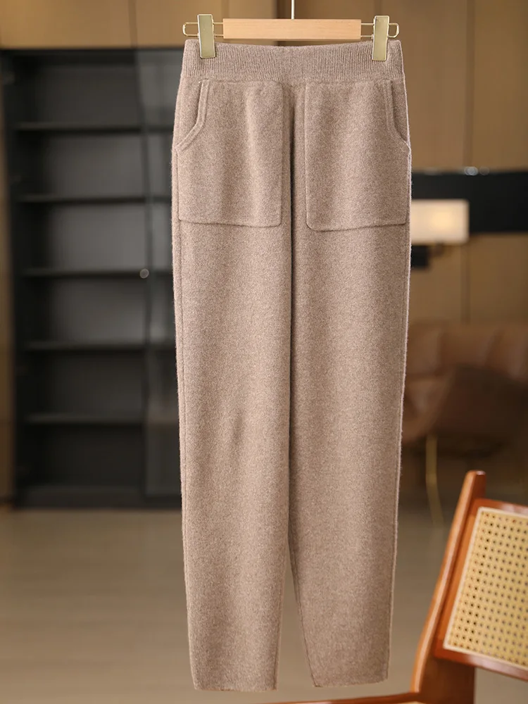 

Women Wool Pencil Pants Pockets Elastic Waist Office Lady Thick Casual Cashmere Trousers Autumn Winter 100% Merino Wool Knitwear