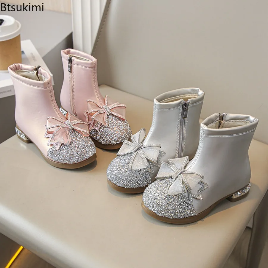 2026 Children Princess Boots Sequins Bow Design Girls Ankle Boots Soft Sole Low Heel Warm Lining Kids Party Wedding Dress Shoes