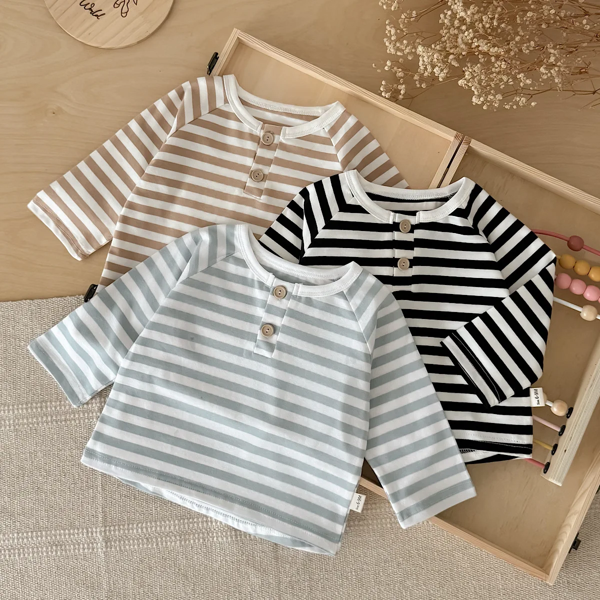 Spring Autumn Unisex Baby Clothes 3‑Pcs Versatile Striped Tee Set, Raglan Sleeve Henley Neck Casual Infant Top
