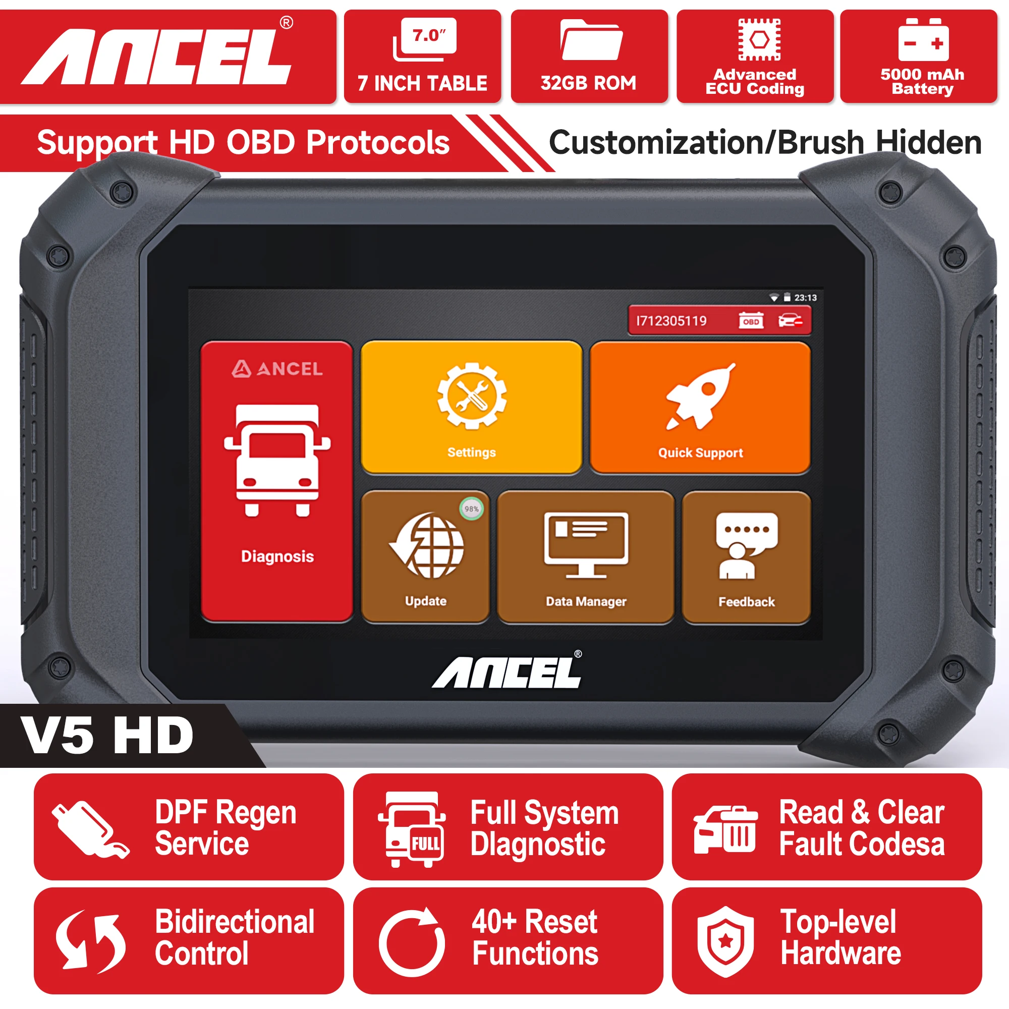 ANCEL V5 HD Heavy Duty Truck Scanner All System ECU Coding BI-Directional OBD2 Truck Bidirectional Diesel Diagnostic DPF Regen