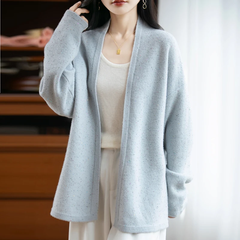 

Women 100% Merino Wool Cardigan Sequins Sweater Spring Autumn Winter Soft Warm Wool Knitting Shawl Office Lady Grace Style Capes