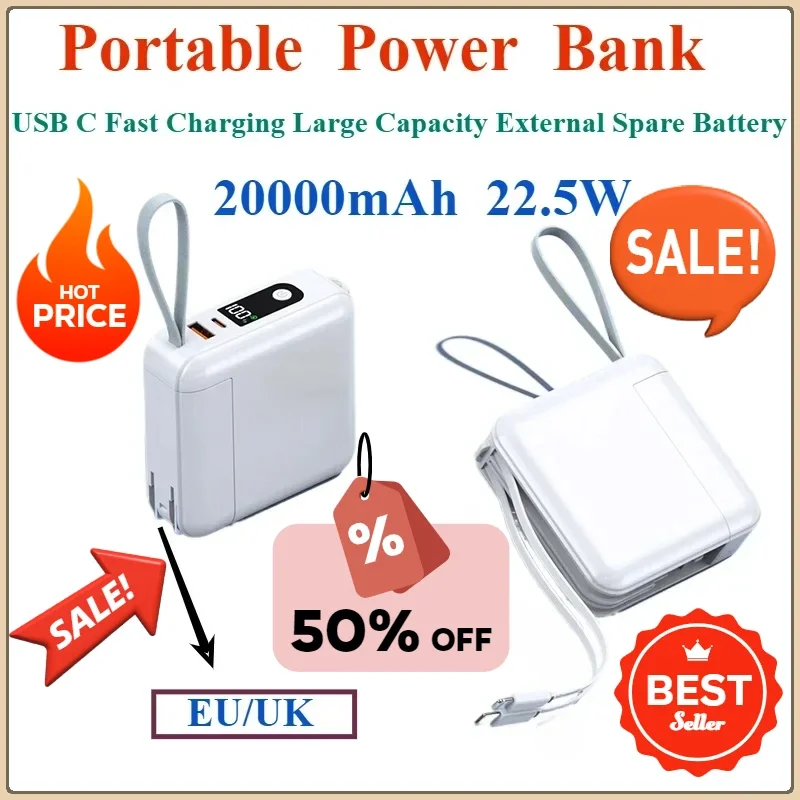 20000mAh Power Bank For iPhone Xiaomi Samsung 22.5W USB C Fast Charging Large Capacity External Spare Battery Portable