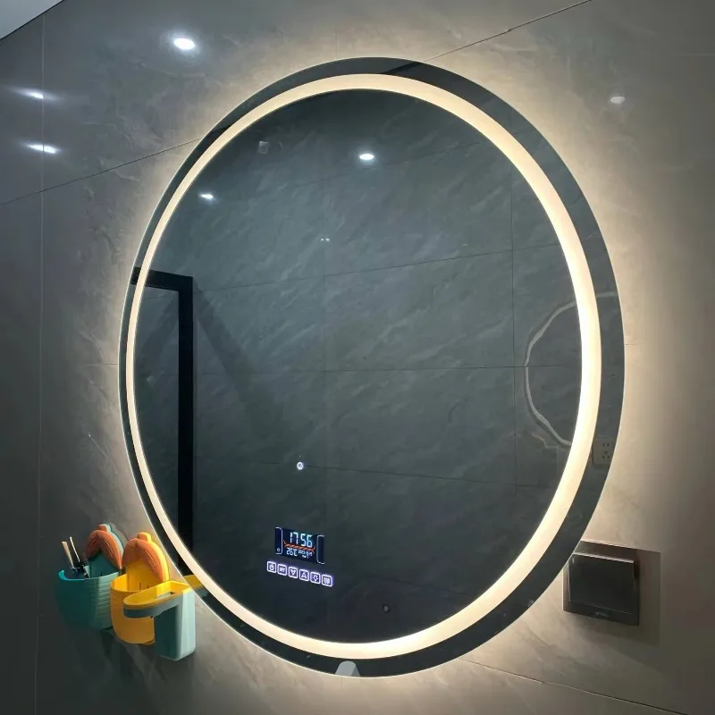 

Hotel custom modern design Ed intelligent anti-fog luminous touch screen wall-mounted bathroom mirror with toilet light