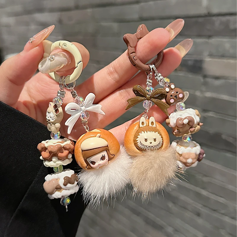 New Pop Bean Baked Bread Diy Molly Labubu Fluffy Plush Ball Phone Chain Student Cute Keychain Girl Bag Cars Key Pendant for Gift