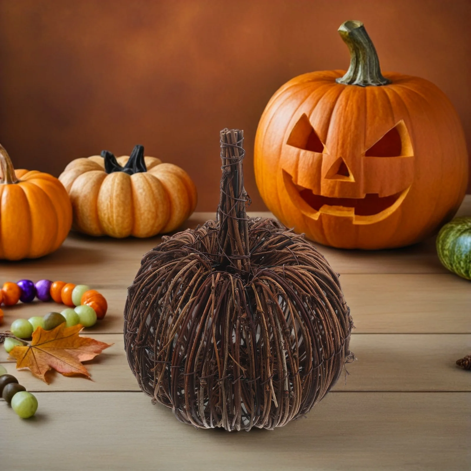 

Natural Rattan Pumpkin Halloween Thanksgiving Woven Rustic Tabletop Home Decor Fall Party Ornament Rattan Woven Pumpkin
