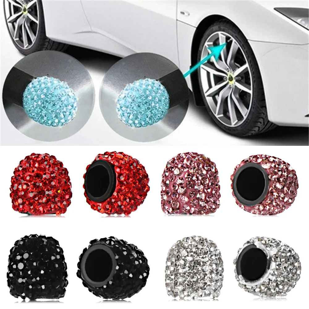 4Pcs Rhinestone Universal Car Tire Valve Caps Crystal Diamond Shining Dustproof Valve Stem Caps Bling Car Accessories