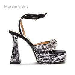 Satin Rhinestone Butterfly Knot Sandals High Heels for Women Open Toe Platform 2023 Summer Shoes 10cm Square Toe Chunky Heels