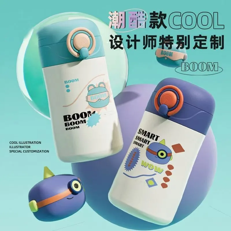 High looks quotient Cute Cartoon Kids Water Bottle Portable Mini Thermos Cup 316Stainless Steel Flip Straw Cup for School Travel