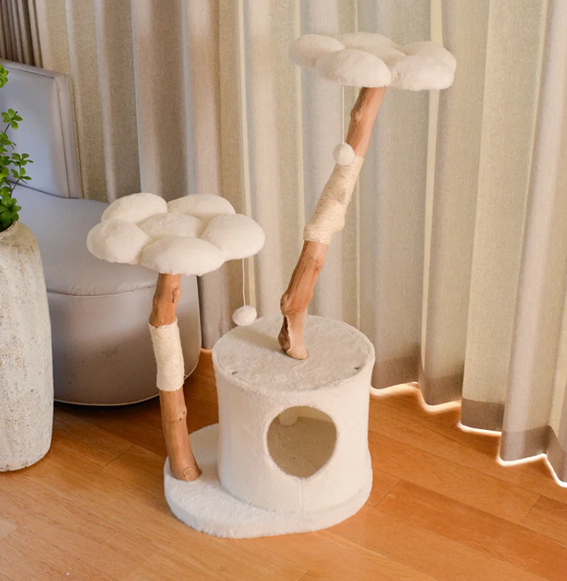 Cute Wood Cats Trees Cute Flower Shape Cat Scratching Tree Cat Climbing Frame Natural Branch Cat Condo Pet Supplies