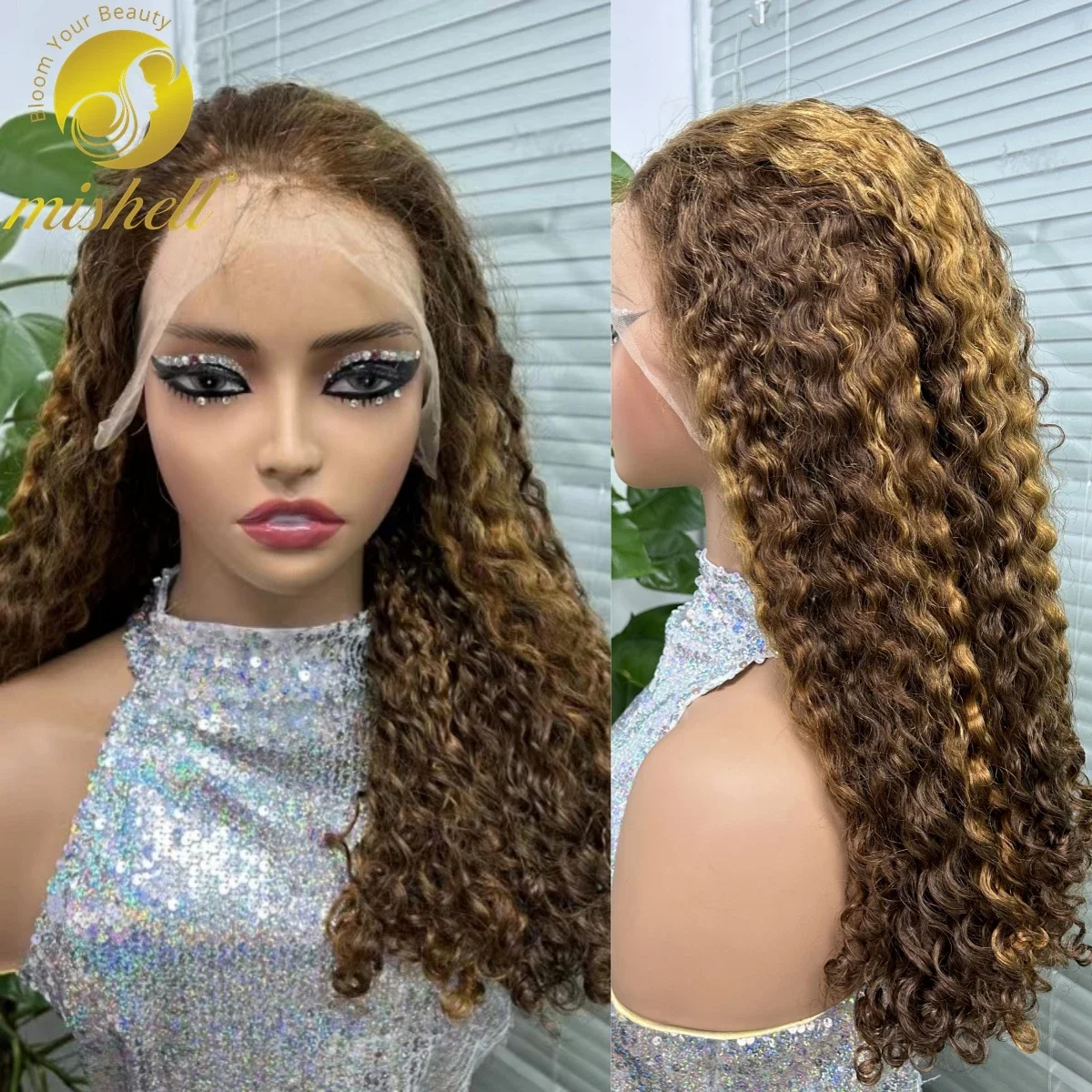 300% Density Honey Blonde Piano Color 13x4 Lace Frontal Curly Human Hair Wigs Ombre Brown Bouncy Deep Wave Wigs for Black Women