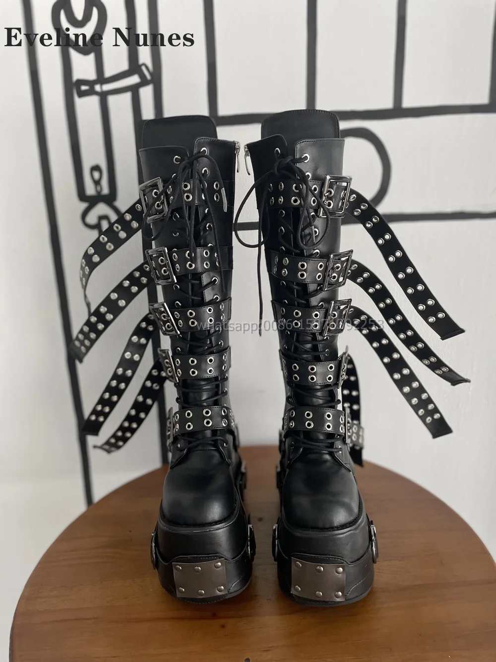 Belt Buckle Platform Motorcycle Boots Round Toe Height Increasing Cross Tied Patchwork Booty Punk Plus Size Booties Heavy Work