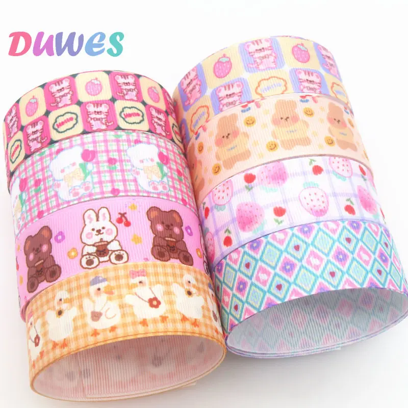 DUWES 50yards Bear Tiger Duck Kawaii Printed Grosgrain Ribbon Accessories Material Headwear Decoration DIY Sewing Craft D1842