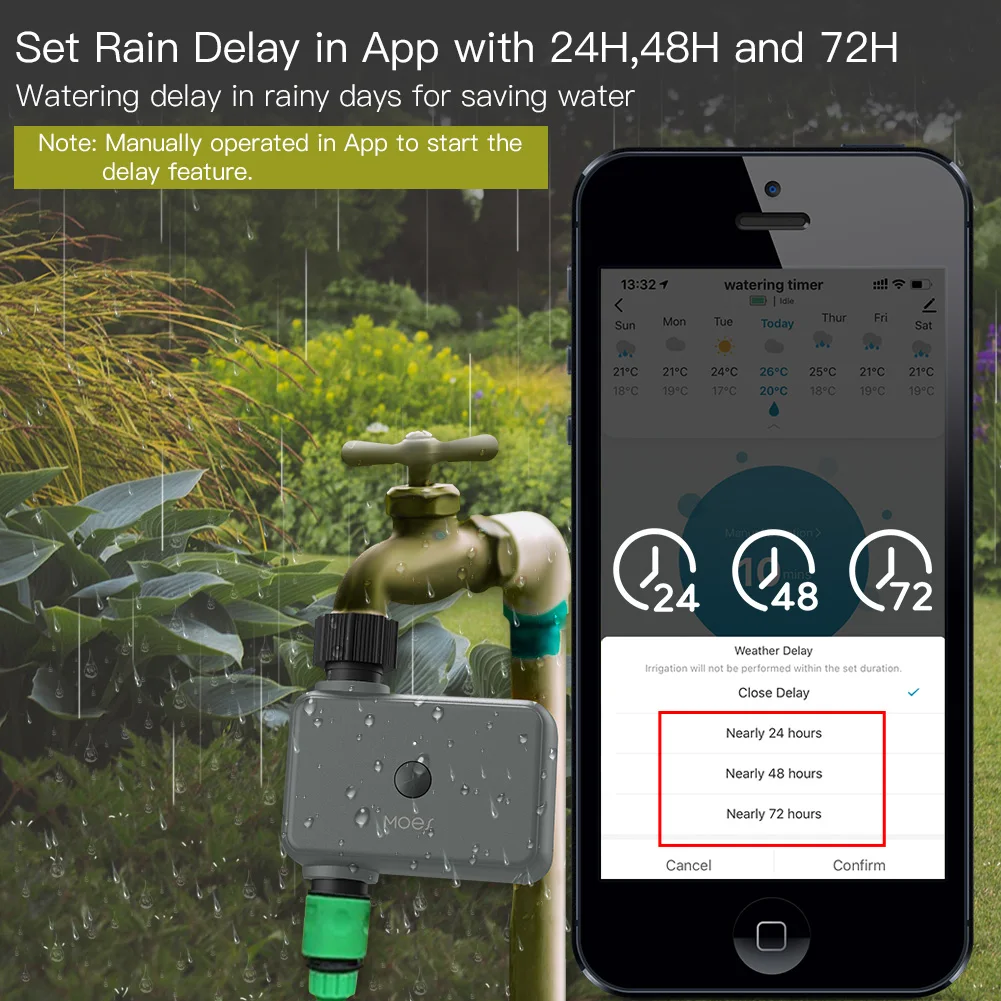 Moes Smart Tuya Bluetooth Water Timer Rain Delay Programmable Irrigation Timer with Automatic and Manual Watering Hub Required