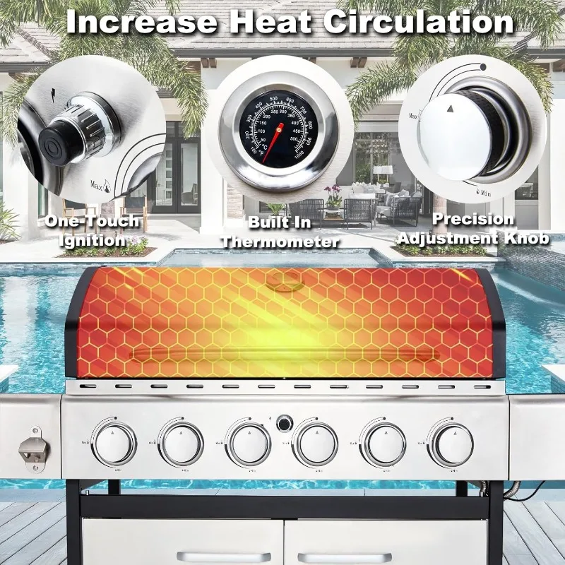 MELLCOM 6 Burner BBQ Propane Gas Grill, 58,000 BTU Stainless Steel Patio Garden Barbecue Grill with Stove and Side Table