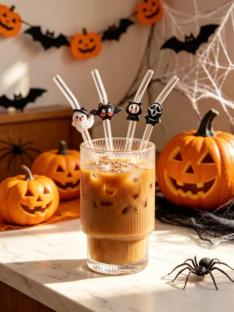 1/2/5PCS Halloween Spooky Glass Straw with Ghost Bat Design, Perfect Ornament for Shops & Festive Gifting
