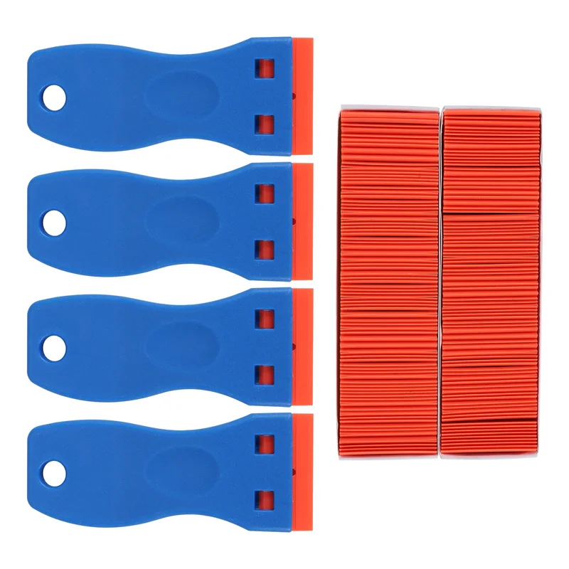 -A14E 4 قطع مكشطة شفرة حلاقة بلاستيكية و200 قطعة شفرات، أداة إزالة ملصقات الملصقات للحشوات والدهانات على النافذة