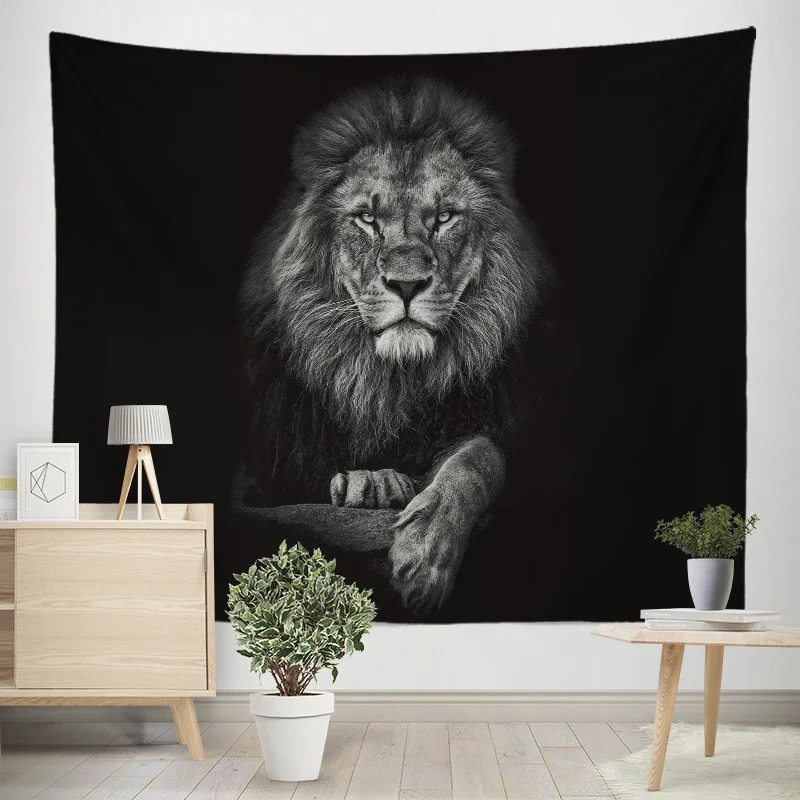 Black Tapestry Creative Ferocious Lion Tiger Wildlife Tapestry Polyester Wall Hanging Curtain Background Bedroom Dorm Decortions