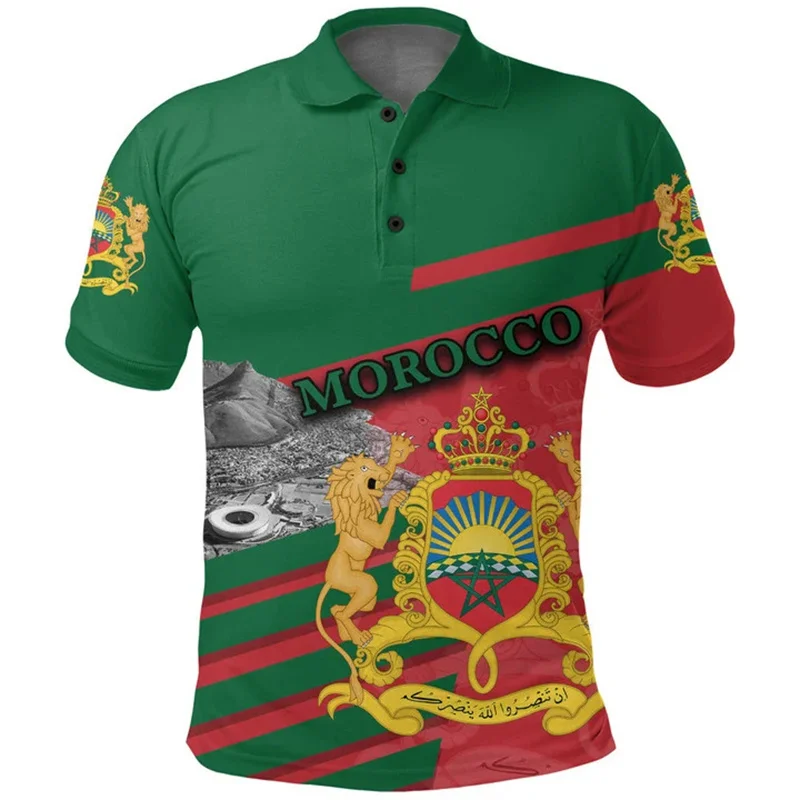 Morocco Flag Dashiki Polo Shirt For Men Summer 3d Printed T Shirts Tops Short Sleeve Tshirts Street Lapel Button Tees Clothing