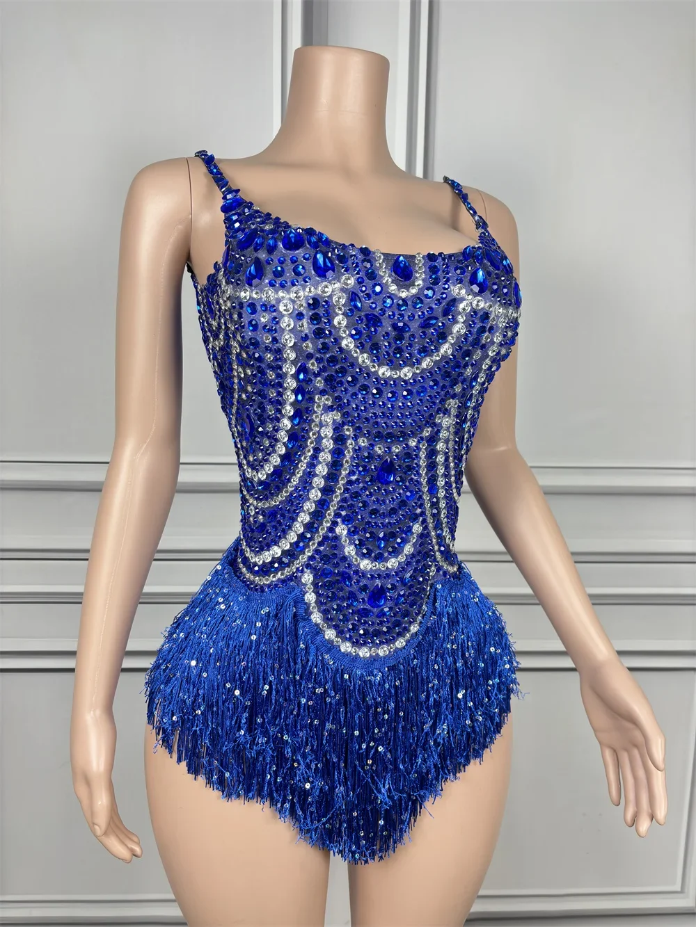 New Fashion Sparkly Rhinestones Tassel Bodysuit Women Sexy Mesh Performance Dance Costume Nightclub Outfit Singer Show Wear