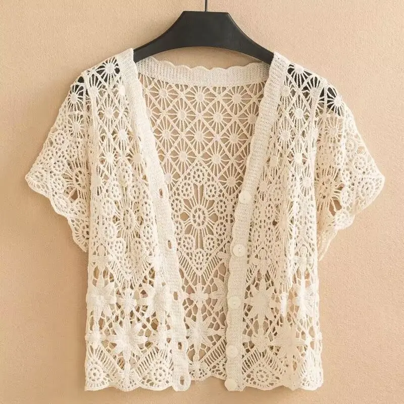 Women\'s Summer Thin Knitted Cardigan Korean Version V-Neck Top Hollowed Out Embroidered Lace Short Tops Ropa De Mujer Ofertas